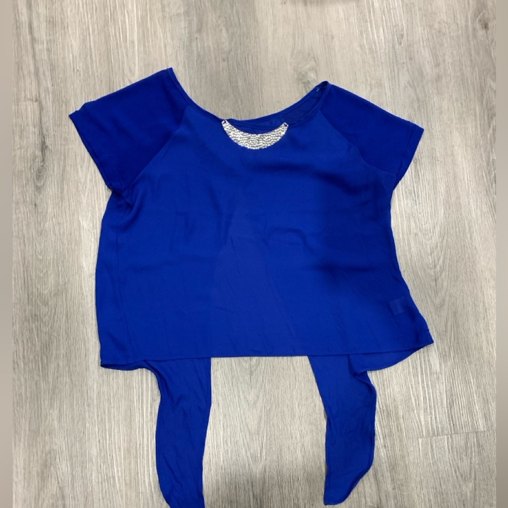 Heartsoul Royal Blue Metal Collar Neckline Tie-Waist Blouse Top Open Back L - Picture 8 of 13